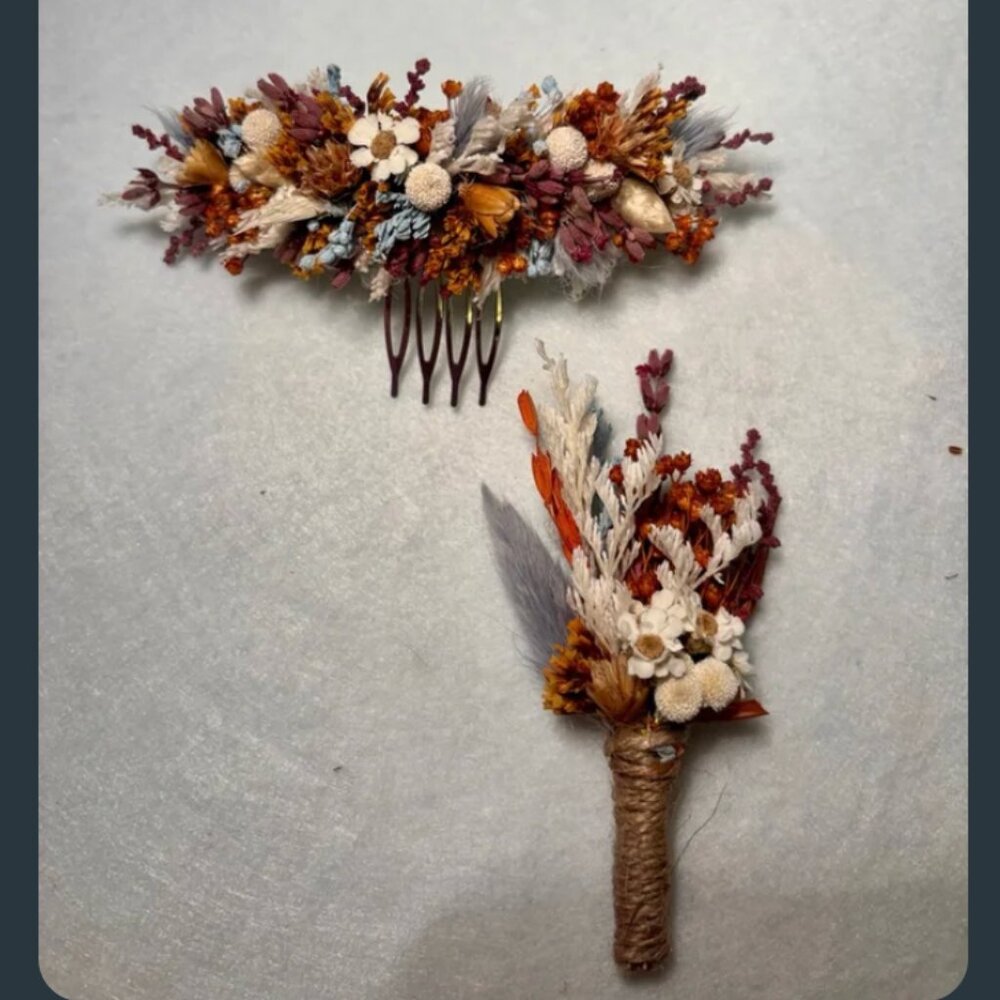 Headpieces and boutonnieres Hand made with dried flowers.